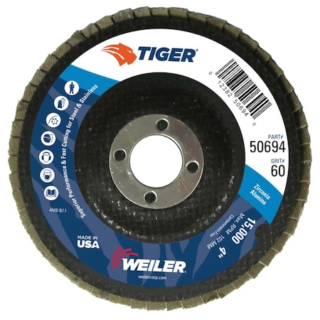 Weiler 4" Tiger Disc Abrasive Flap Disc, Flat (TY27), 60Z, 5/8" 50694